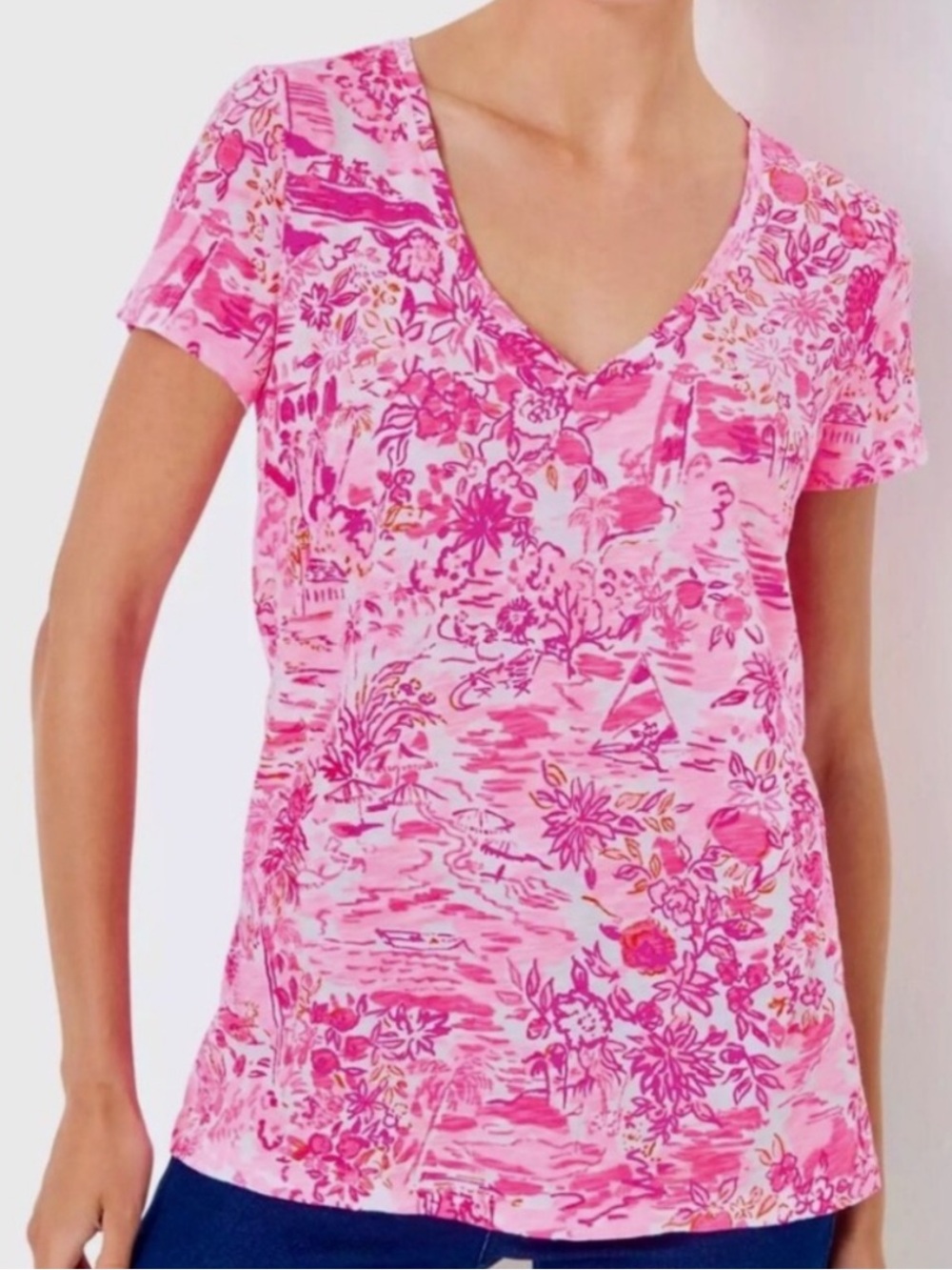 NWT Lilly Pulitzer Etta Scoop Neck Top Peony Pink Seaside Scene size L